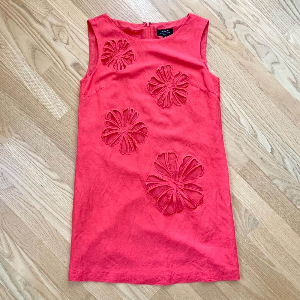 Tahari Linen dress | red Laser Cut Floral Sheath Dress red sundress mini dress - Picture 2 of 10